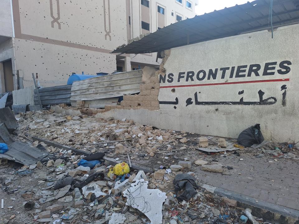 Damaged walls at the entrance of MSF office in Gaza city on April 1, 2024. 