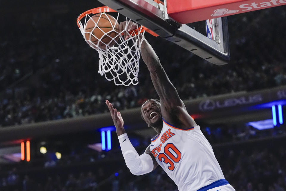 New York Knicks forward Julius Randle dunks in the first half of an NBA basketball game against the Houston Rockets, Wednesday, Jan. 17, 2024, at Madison Square Garden in New York. (AP Photo/Mary Altaffer)