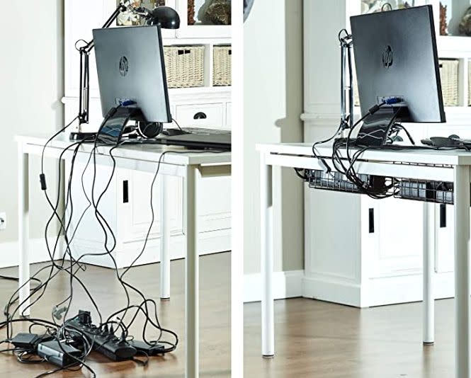 This rack collects your cords and cables underneath your desk. Find it for $24 on <a href="https://amzn.to/3lgJRVD" target="_blank" rel="noopener noreferrer">Amazon</a>.