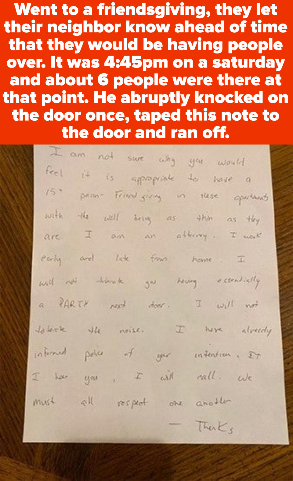 A note attached to someone's door during a small Friendsgiving