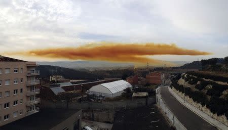 An orange toxic cloud is seen over the town of Igualada, near Barcelona, following an explosion in a chemical plant, February 12, 2015. REUTERS/Alba Aribau