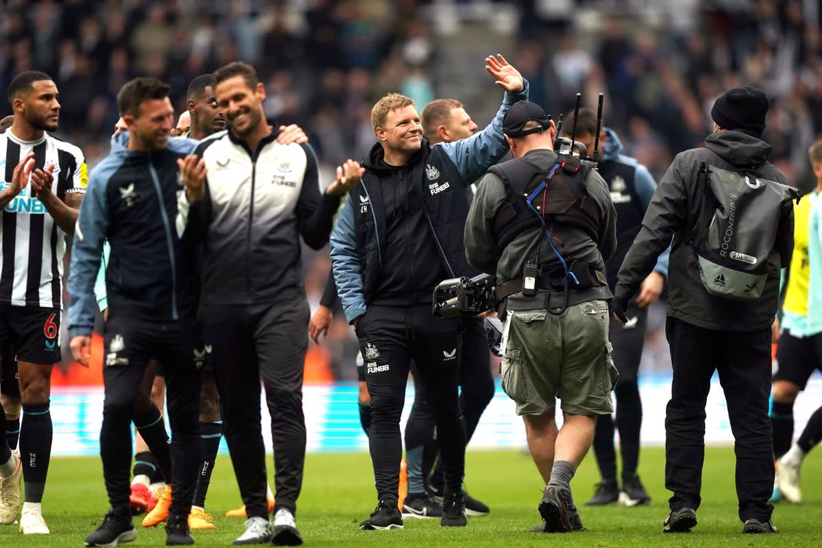 Newcastle boss Eddie Howe (centre) is looking no further ahead than Thursday’s Premier League trip to Everton (Owen Humphreys/PA) (PA Wire)