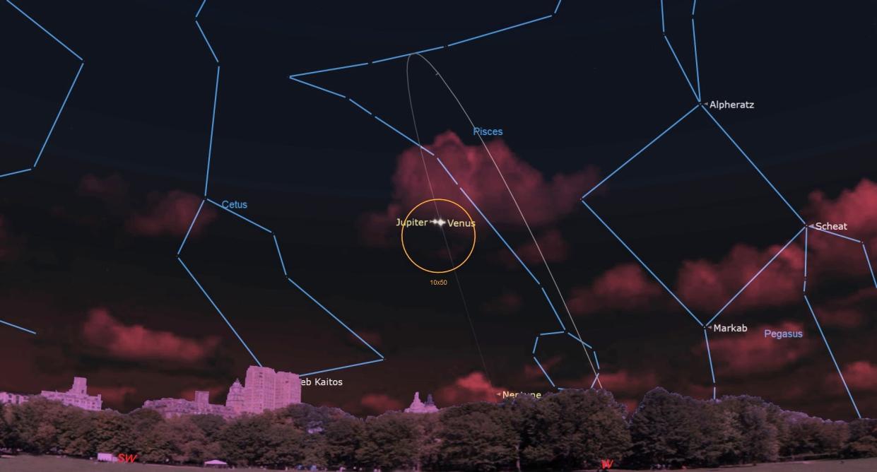  illustration of venus and jupiter in a circle on a diagram of the night sky. constellation figures surround the planets 