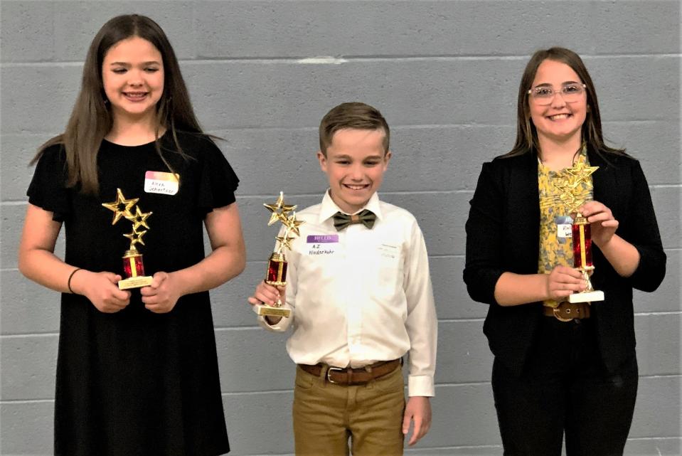 These students were recognized as the top three competitors in the Amazing Shake held Tuesday, May 16, 2023, at Elgin Local Schools. Kinlee Weston from Ridgedale won first place. A.J. Niederkohr from Pleasant finished second. Alexa Schertzer from River Valley placed third.