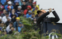 Rickie Fowler of the United States play his tee shot on the 3rd during the final round of the British Open Golf Championships at Royal Portrush in Northern Ireland, Sunday, July 21, 2019.(AP Photo/Matt Dunham)