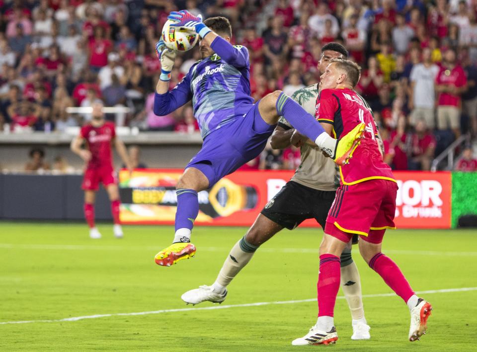 Portland Timbers goalkeeper James Pantemis (41) saves the ball from the goal during the first half of an MLS soccer game against St. Louis City at CityPark stadium in St. Louis on Saturday, June 8, 2024. (Dominic Di Palermo/St. Louis Post-Dispatch via AP)