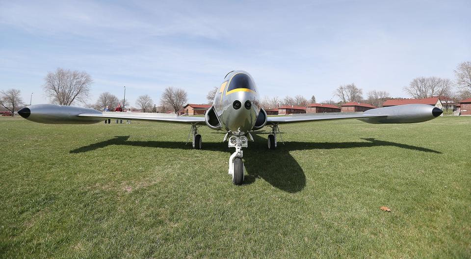 The historic F-80 fighter jet placed at Camp Dodge for display was airlifted by Army CH-47 Chinook helicopter from Sioux City to Camp Dodge Tuesday, April 11, 2023, in Johnston, Iowa.