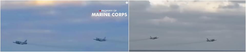 <span>Screenshot comparison of clip of jet fighters from fabricated story (left) with video from ABC report (right)</span>