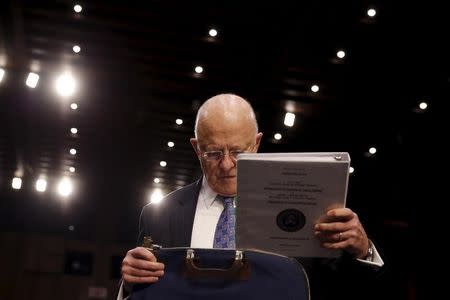 Director of National Intelligence (DNI) James Clapper arrives to testify before a Senate Intelligence Committee hearing on "Worldwide threats to America and our allies" in Capitol Hill, Washington February 9, 2016. REUTERS/Carlos Barria