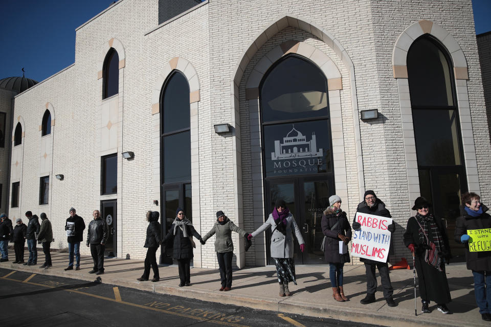 Interfaith religious leaders join together in a show of support for the Muslim community outside the Mosque Foundation on February 3, 2017 in Bridgeview, Illinois.&nbsp;