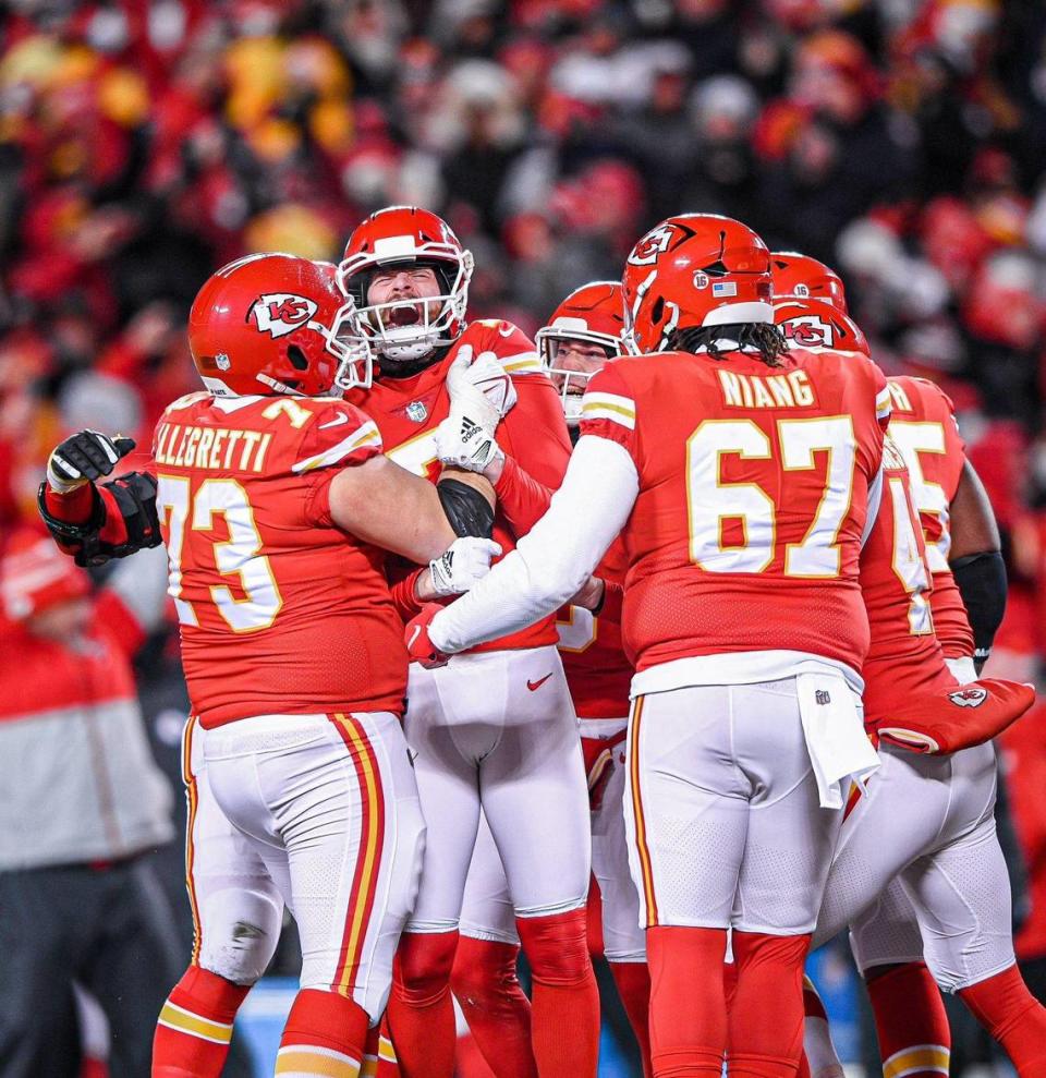 Kansas City Chiefs place kicker Harrison Butker, center, celebrates with teammates after he kicked a field goal to defeat the Cincinnati Bengals 23-20 during the AFC Championship Game Sunday, Jan. 29, 2023, at GEHA Field at Arrowhead Stadium.