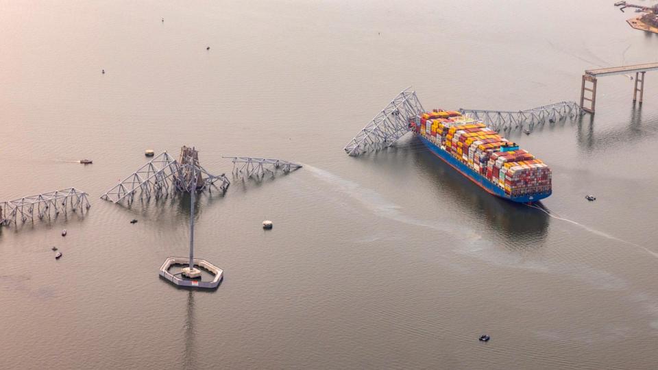 PHOTO: In an aerial view, cargo ship Dali is seen after running into and collapsing the Francis Scott Key Bridge, Mar. 26, 2024 in Baltimore. (Tasos Katopodis/Getty Images)