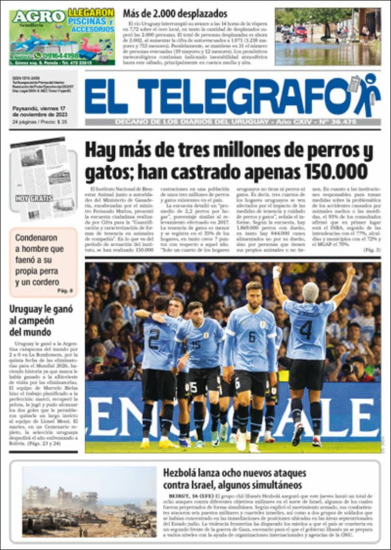 Tapa del diario El Telégrafo, de Uruguay, del 17 de noviembre de 2023