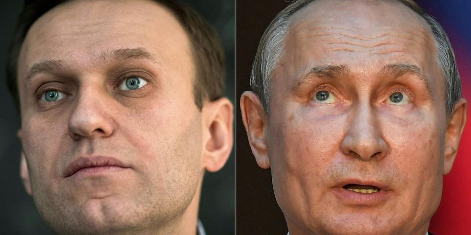 (COMBO) This combination of pictures created on October 1, 2020 shows Russian opposition leader Alexei Navalny (L, on January 16, 2018 in Moscow) and Russian President Vladimir Putin (on July 4, 2019 in Rome). - Russian opposition leader Alexei Navalny has accused President Vladimir Putin of being behind his poisoning, in his first interview published since he left the German hospital where he was treated. "I assert that Putin is behind this act, I don't see any other explanation," he told the German weekly Der Spiegel, which published extracts from the interview on its website Thursday, October 1, 2020. (Photos by Mladen ANTONOV and Tiziana FABI / AFP) (Photo by MLADEN ANTONOV,TIZIANA FABI/AFP via Getty Images)