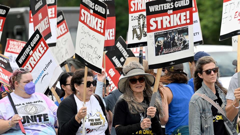 PHOTO: Mary McDonnell attends the SAG-AFTRA And WGA Strike Battlestar Galactica 'So Say We All!' -themed picket held at Universal Studios, Sept. 21, 2023, in Universal City, Calif. (Albert L. Ortega/Getty Images)