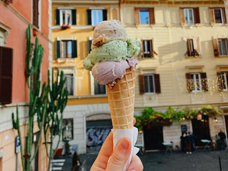 View of a Fatamorgana gelato cone in Rome, Italy