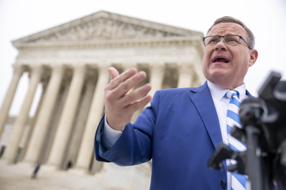 FILE - North Carolina House Speaker Tim Moore speaks in front of the U.S. Supreme Court in Washington, Dec. 7, 2022. North Carolina voters in the primary election on Tuesday, March 5, 2024, were choosing nominees for president and a host of other positions, from governor and attorney general to seats in the U.S. House — including Moore's race in the 14th District — the General Assembly and state judgeships. (AP Photo/Andrew Harnik, File)