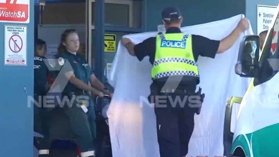 Ms Cook is taken into Mt Gambier hospital. Picture: 7 News Adelaide