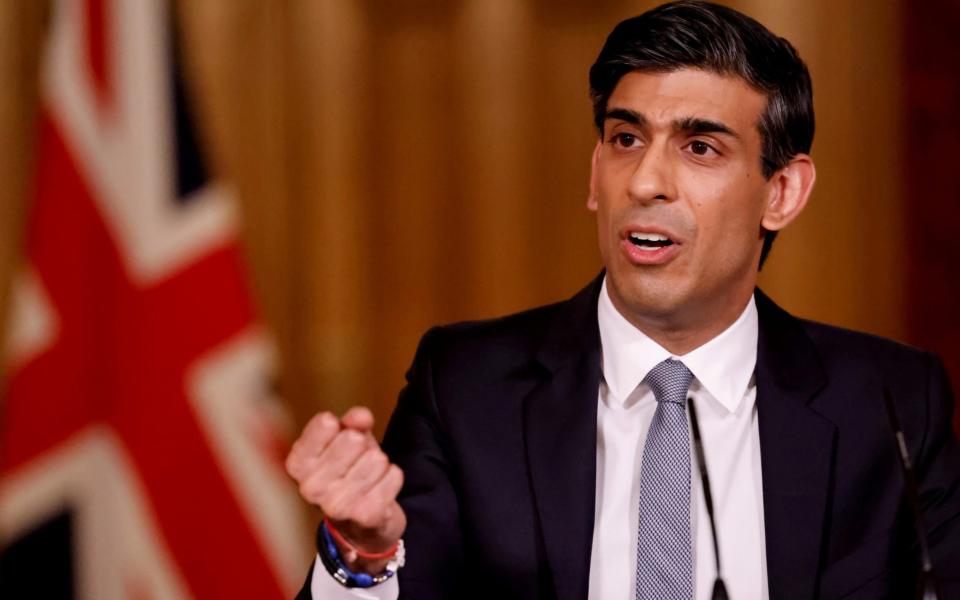 Chancellor of the Exchequer Rishi Sunak attends a virtual press conference inside 10 Downing Street  - Tolga Akmen/Pool via Reuters