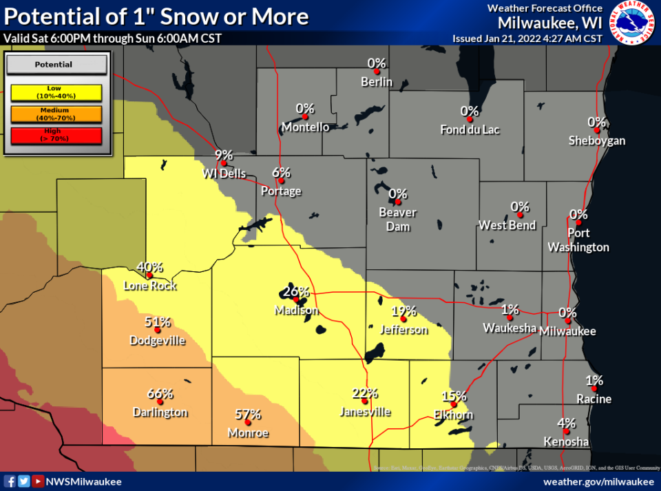 Light snow is expected across southwest Wisconsin from Saturday night through Sunday morning.