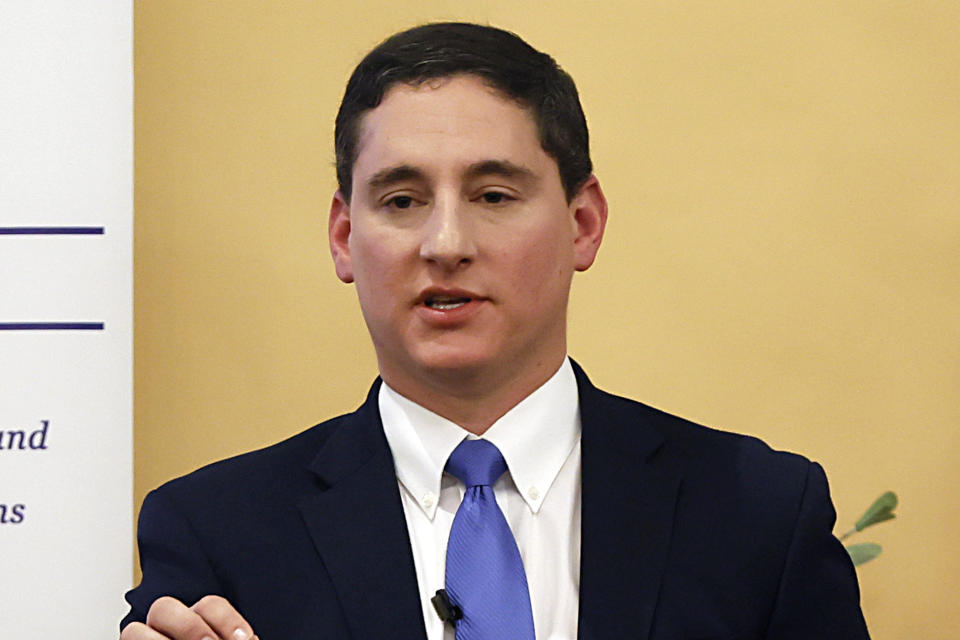 FILE - Josh Mandel, a Republican former Ohio treasurer running for an open U.S. Senate seat in Ohio, speaks during a debate Jan. 27, 2022, in Columbus, Ohio. As war rages in Ukraine, ties to business deals involving Russia are threatening potential political fallout to candidates in Ohio's crowded Republican primary for an open U.S. Senate seat. (AP Photo/Jay LaPrete, File)