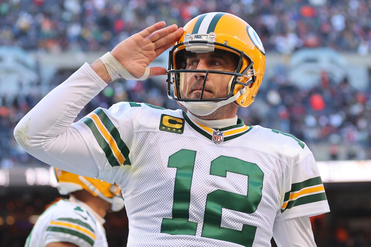 Aaron Rodgers celebrates after a successful two-point conversion against the Chicago Bears.