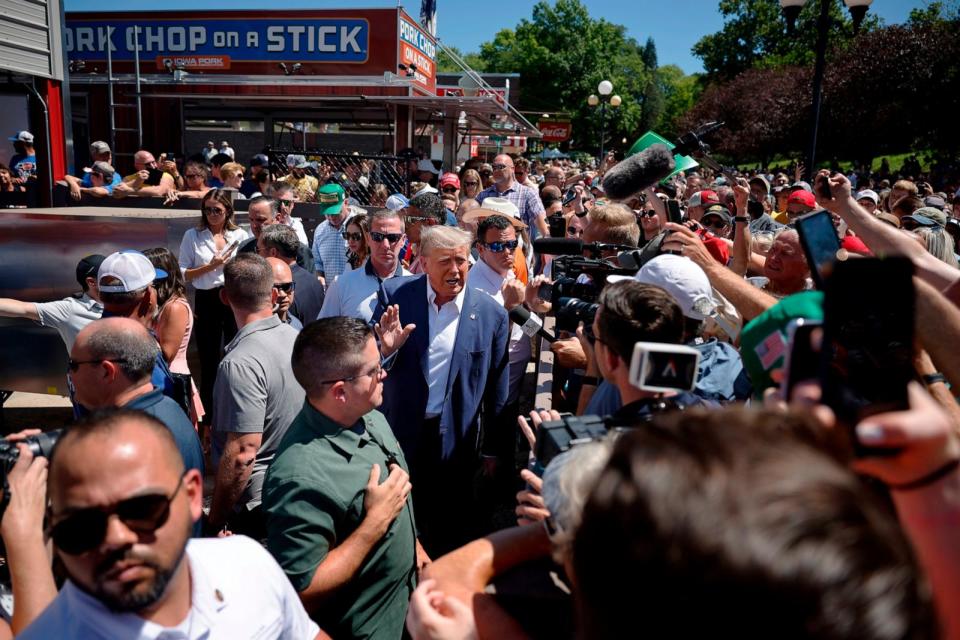 PHOTO: In this Aug. 12, 2023, file photo, former President Donald Trump visits the Iowa Pork Producers Tent at the Iowa State Fair in Des Moines, Iowa.  (Chip Somodevilla/Getty Images, FILE)
