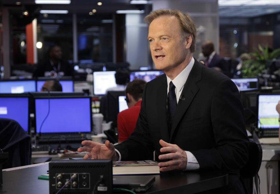 FILE - In this Sept. 27, 2010 file photo, Lawrence O'Donnell, political analyst for the cable news channel MSNBC, appears on his set in New York. O'Donnell was injured with his brother Michael in a taxi accident on Saturday, April 12, 2014, while vacationing out of the country. The network did not specify where. (AP Photo/Richard Drew, File)