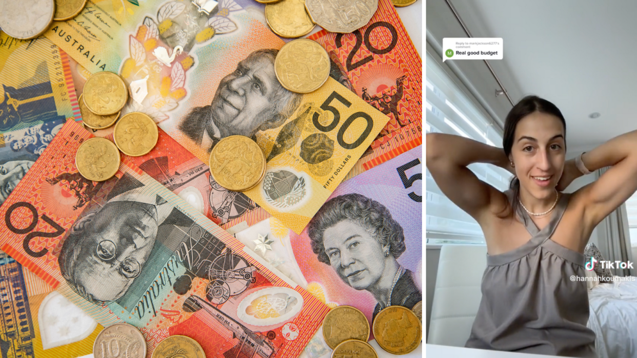 A composite image of Australian money and TikTok user hannahkoumakis talking about her pocket money.