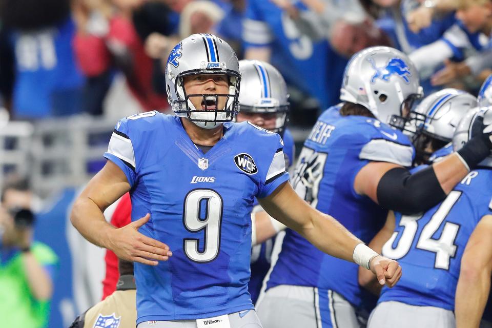 Detroit Lions quarterback Matthew Stafford celebrates after scoring late in the fourth quarter against the Washington Redskins at Ford Field on Oct. 23, 2016.