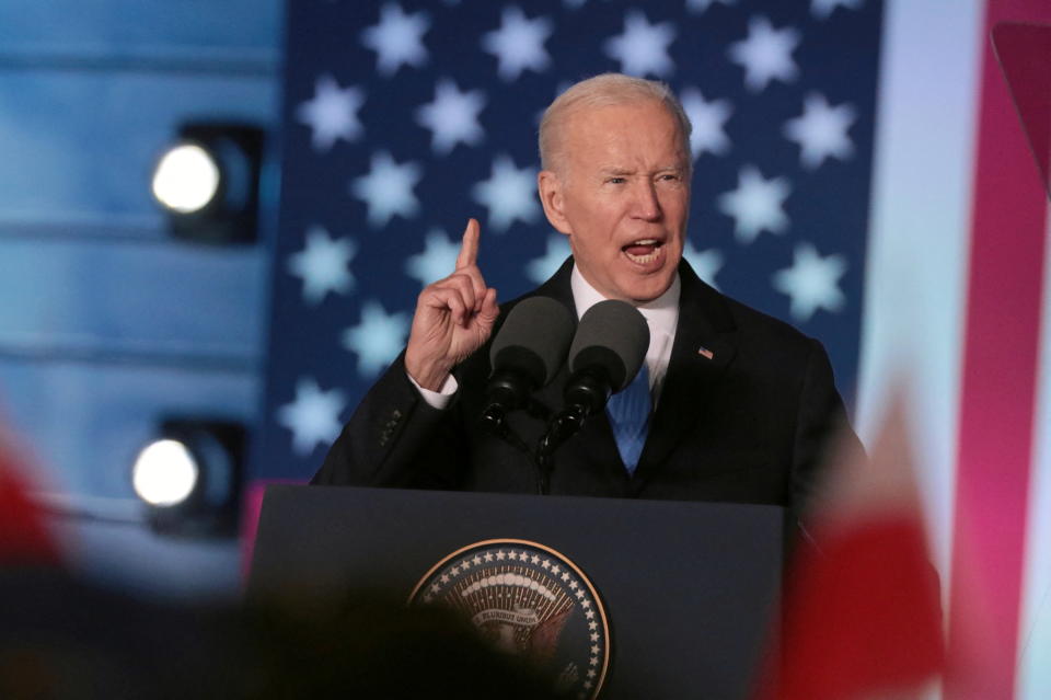 US President Joe Biden speaks during an event at the Royal Castle, amid Russia's invasion of Ukraine.