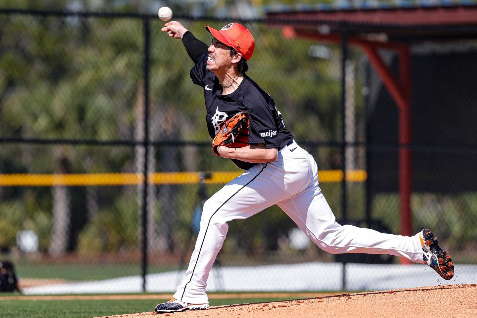 Detroit Tigers pitcher Kenta Maeda throws during spring training at TigerTown in Lakeland, Fla. on Wednesday, Feb. 21, 2024.