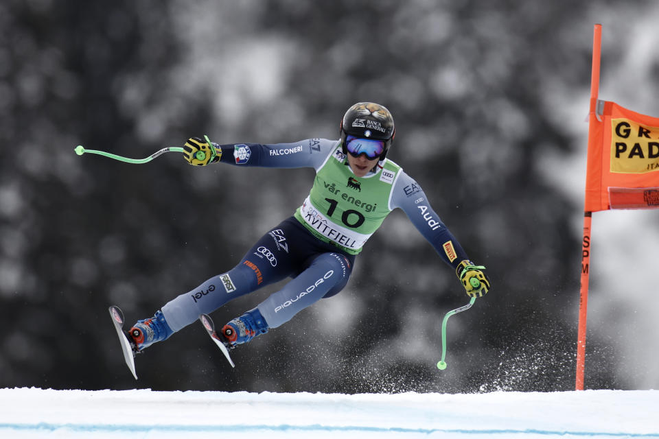 Italy's Federica Brignone speeds down the course during an alpine ski, women's World Cup super-G race, in Kvitfjell, Norway, Sunday, March 3, 2024. (AP Photo/Gabriele Facciotti)