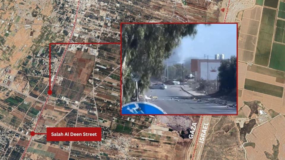 PHOTO: Israeli tank seen on Salah Al Deen street in Gaza. (Yosef Al Sayfei / Google Earth / Canva)