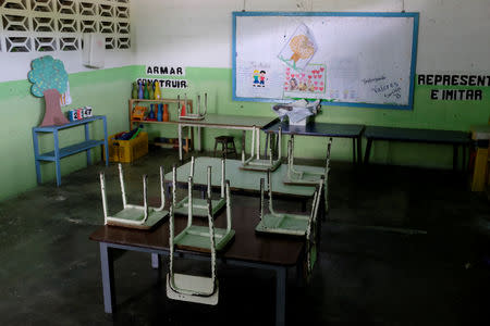 Empty desks are seen in a classroom on the first day of school, in Caucagua, Venezuela September 17, 2018. REUTERS/Marco Bello