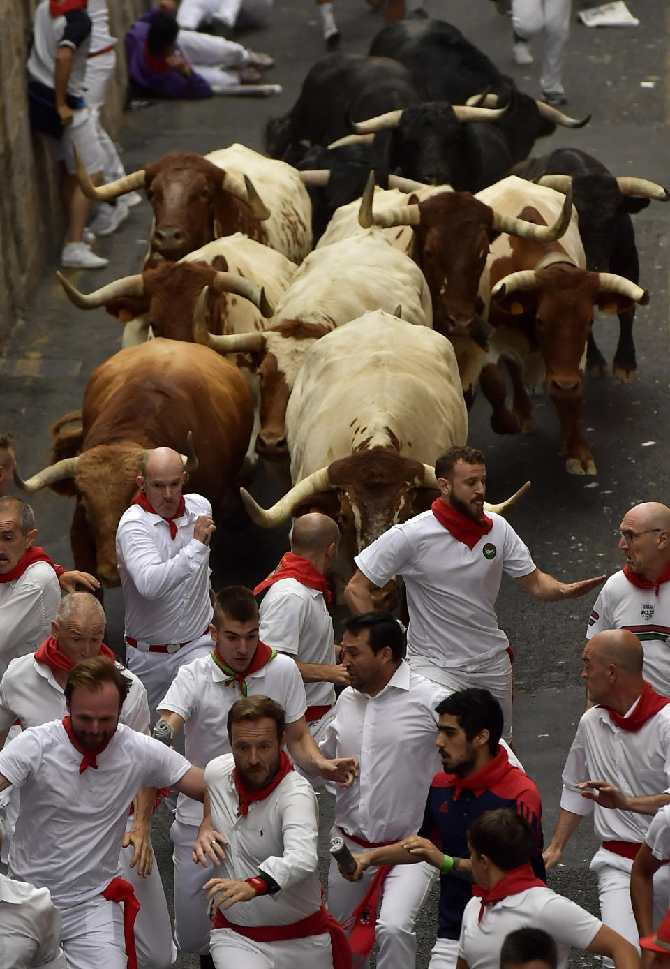 Revellers run next to fighting bulls during the running of the bulls at the San Fermin Festival, in Pamplona, northern Spain, Sunday, July 7, 2019. Revellers from around the world flock to Pamplona every year to take part in the eight days of the running of the bulls. (AP Photo/Alvaro Barrientos)