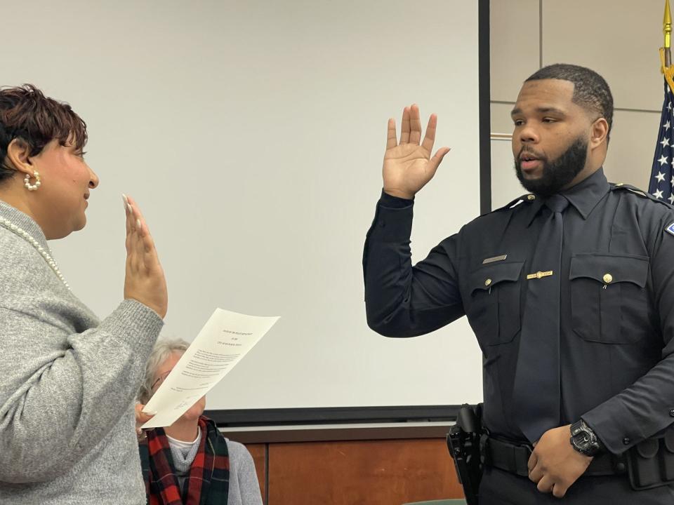 Iman Delano Salik White gets sworn into the South Bend Police Department by City Clerk Bianco Tirado on Wednesday, January 17.