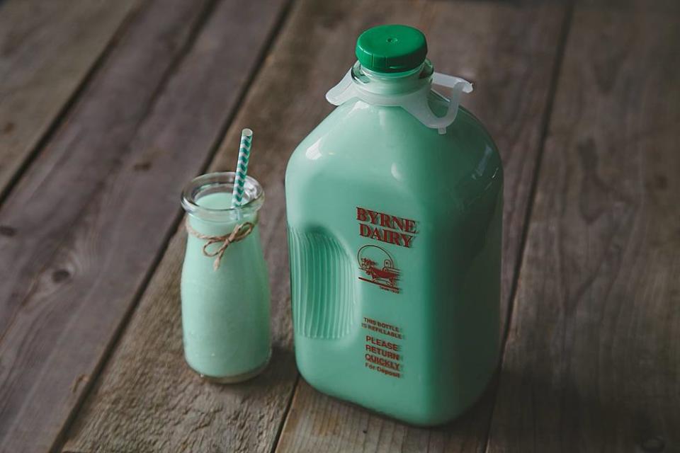 Byrne Dairy makes and sells Irish Mint Milk for several weeks around St. Patrick's Day each year. The flavored milk, sold in half-gallon glass bottles, is wildly popular.
