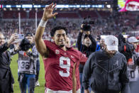 Alabama quarterback Bryce Young (9) salutes the fans as he leaves the field following an NCAA college football game against Auburn, Saturday, Nov. 26, 2022, in Tuscaloosa, Ala. (AP Photo/Vasha Hunt)