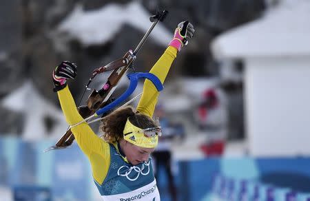 Biathlon - Pyeongchang 2018 Winter Olympics - Women's 15km Individual Final - Alpensia Biathlon Centre - Pyeongchang, South Korea - February 15, 2018 - Hanna Oeberg of Sweden reacts. REUTERS/Toby Melville