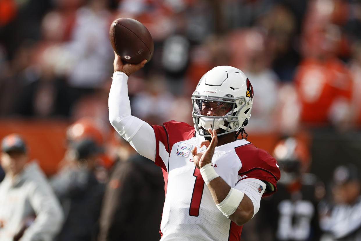Arizona Cardinals quarterback Kyler Murray throws before an NFL football game against the Cleveland Browns, Sunday, Oct. 17, 2021, in Cleveland. (AP Photo/Ron Schwane)