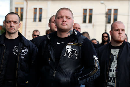 Members of far-right, nationalist groups attend a protest against criminal attacks caused by youth, in Torokszentmiklos, Hungary, May 21, 2019. REUTERS/Bernadett Szabo