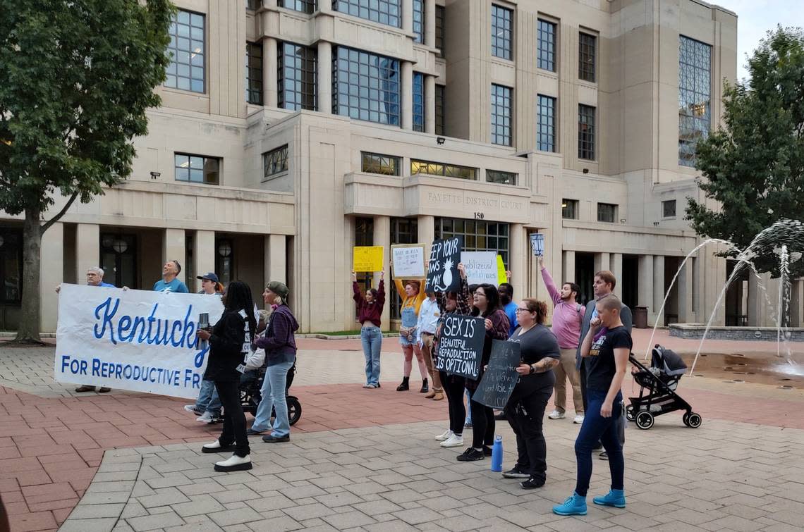 The Rally For Your Rights drew several dozen people to the courthouse plaza in downtown Lexington Friday evening. Speakers included a number of Kentucky political candidates who voiced their support for abortion rights.