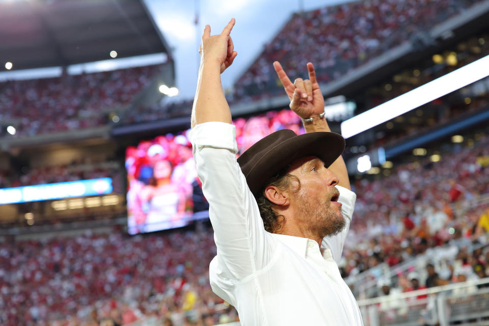 TUSCALOOSA, ALABAMA - SEPTEMBER 09: Actor Matthew McConaughey reacts during the second quarter in a game between the Texas Longhorns and Alabama Crimson Tide at Bryant-Denny Stadium on September 09, 2023 in Tuscaloosa, Alabama. (Photo by Kevin C. Cox/Getty Images)