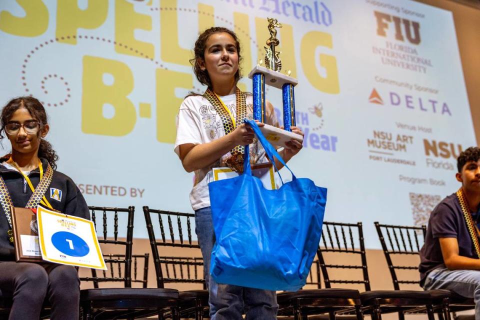 Fifth grader Jasmine Perez from Bayview Elementary School reacts after winning the Miami Herald Broward County Spelling Bee by spelling “Huckleberry” and “Merriment” at NSU Art Museum in Fort Lauderdale, Florida on Thursday, March 7, 2024. D.A. Varela/dvarela@miamiherald.com