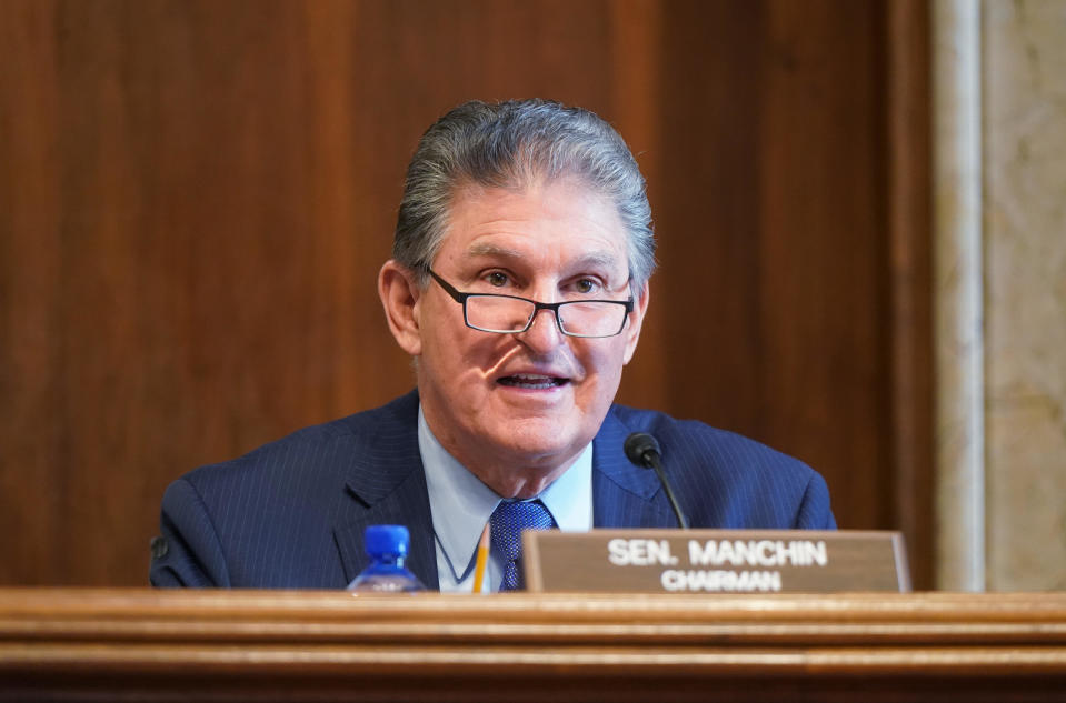 Senator Joe Manchin, a Democrat from West Virginia, speaks during a hearing on Wednesday, February 24, 2021. / Credit: Leigh Vogel/UPI/Bloomberg via Getty Images
