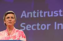 EU Commissioner for Competition Margrethe Vestager holds a news conference at the European Commission in Brussels