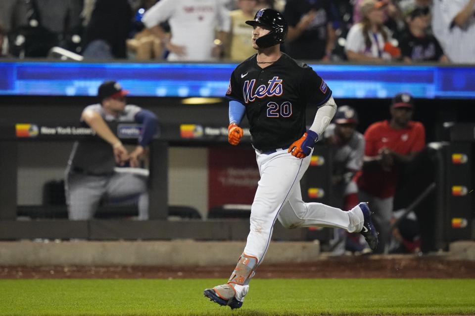 New York Mets' Pete Alonso runs the bases on a two-run home run against the Washington Nationals during the seventh inning of a baseball game Friday, July 28, 2023, in New York. (AP Photo/Frank Franklin II)