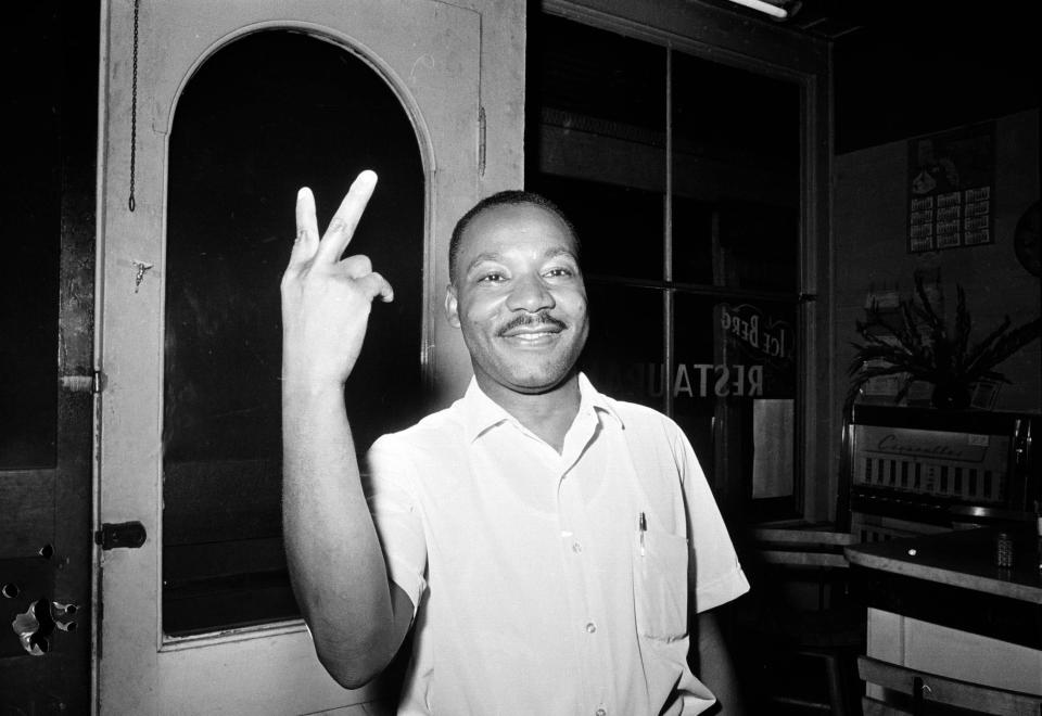 Dr. Martin Luther King, Jr. reacts in St. Augustine, Fla., after learning that the Senate passed the civil rights bill, June 19, 1964.  (AP Photo)