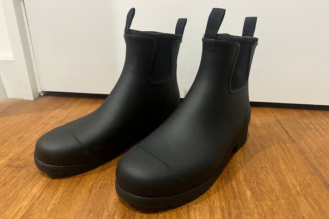 <p>People / Madison Yauger</p> The Quince Waterproof Ankle Rain Boots right out of the box.